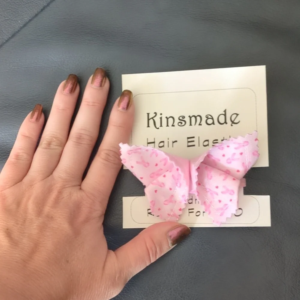 Breast Cancer Awareness ribbon origami butterfly hair elastic handmade patchwork
